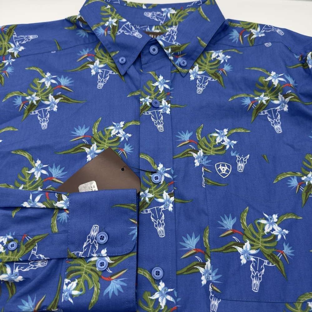 ARIAT L Large Logan Classic Fit Shirt Long Sleeve Blue Animal Skull Floral Print - Picture 1 of 7